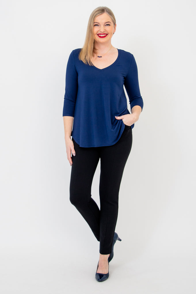 Jackie 3/4 Sleeve Women's T-Shirt - Soft Bamboo Fabric, Indigo Blue Color - Perfect for Casual Wear, Yoga & Everyday Comfort
