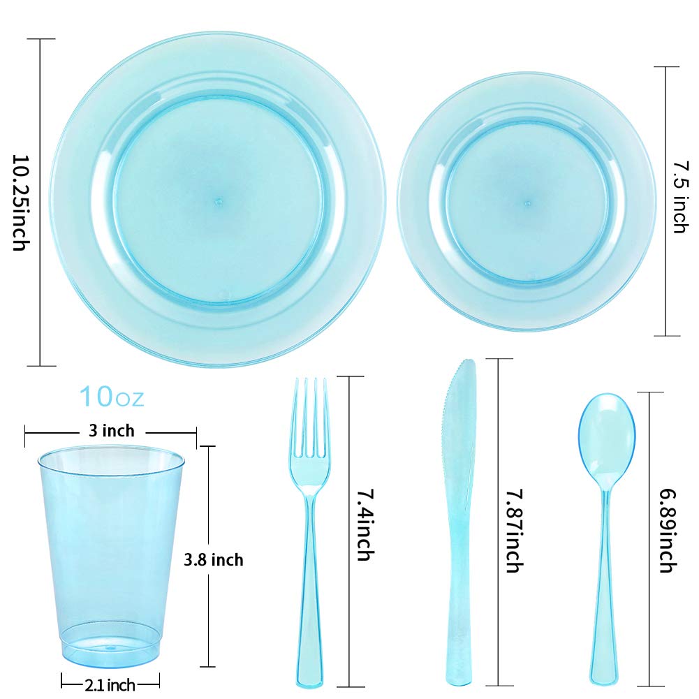 WDF 25-Piece Blue Disposable Dinnerware Set - Includes 25 Dinner Plates, 25 Salad Plates, 25 Forks, 25 Knives, 25 Spoons & 25 Blue Plastic Cups - Perfect for Easter Parties, Picnics & Outdoor Events