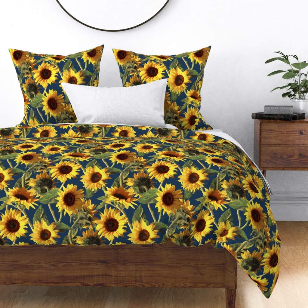 Custom Sunflower Floral Bohemian Duvet Cover King/California King - Cotton Sateen Bedding with Botanical Painting Print in Yellow & Dark Blue | Perfect for Boho Chic Bedrooms & Summer Home Decor