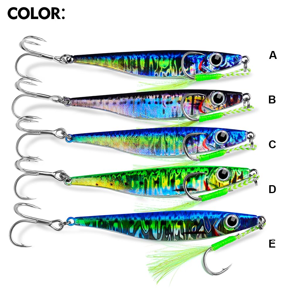 Sunlure Saltwater Fishing Jigs Set - 5pcs Vertical & Slow Pitch Jigging Spoons with Assist Hooks for Bass, Blade Baits & Paillette Artificial Lures - Perfect for Deep Sea, Offshore & Freshwater Fishing Adventures