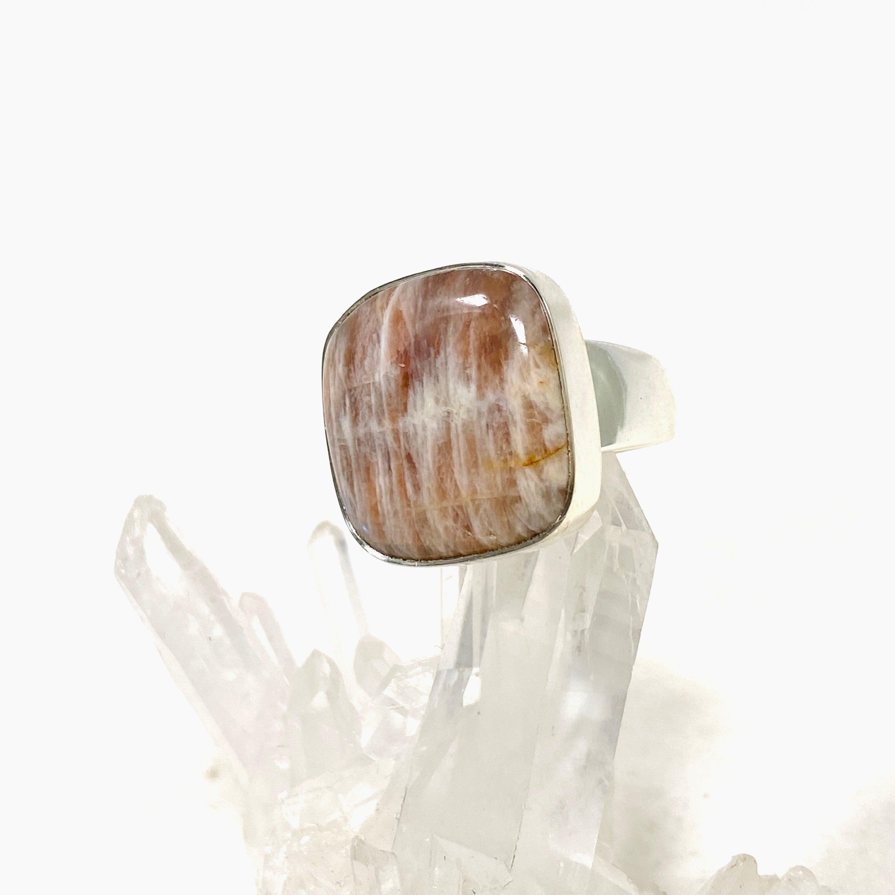 Belomorite Sunstone Moonstone Eclipse Square Ring Size 9 KRGJ3131 - Elegant Gemstone Jewelry for Women, Perfect for Weddings, Parties & Special Occasions