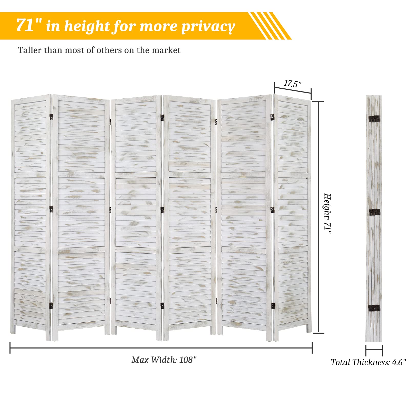 Bonnlo 5.9 Ft Tall Wood Room Divider Privacy Screen - 6 Panel Folding Partition Wall Divider for Home & Office - Freestanding Hinged Space Separator Screen (Grey) - Perfect for Living Room, Bedroom, Studio or Workspace Privacy