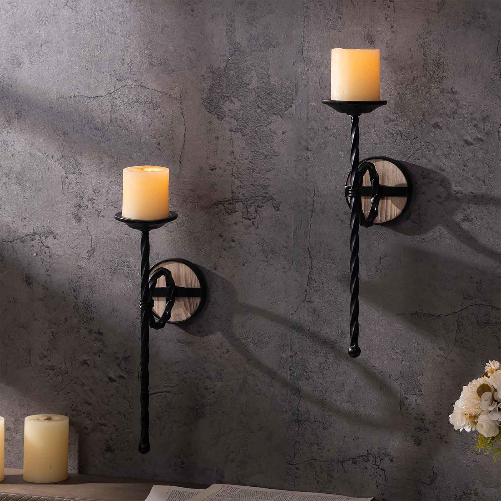 GAKA Set of 2 Black Metal Wall Sconce Candle Holders - Scepter Design Wall Mount for Home Decor, Bedroom, Living Room & Dining Room Lighting