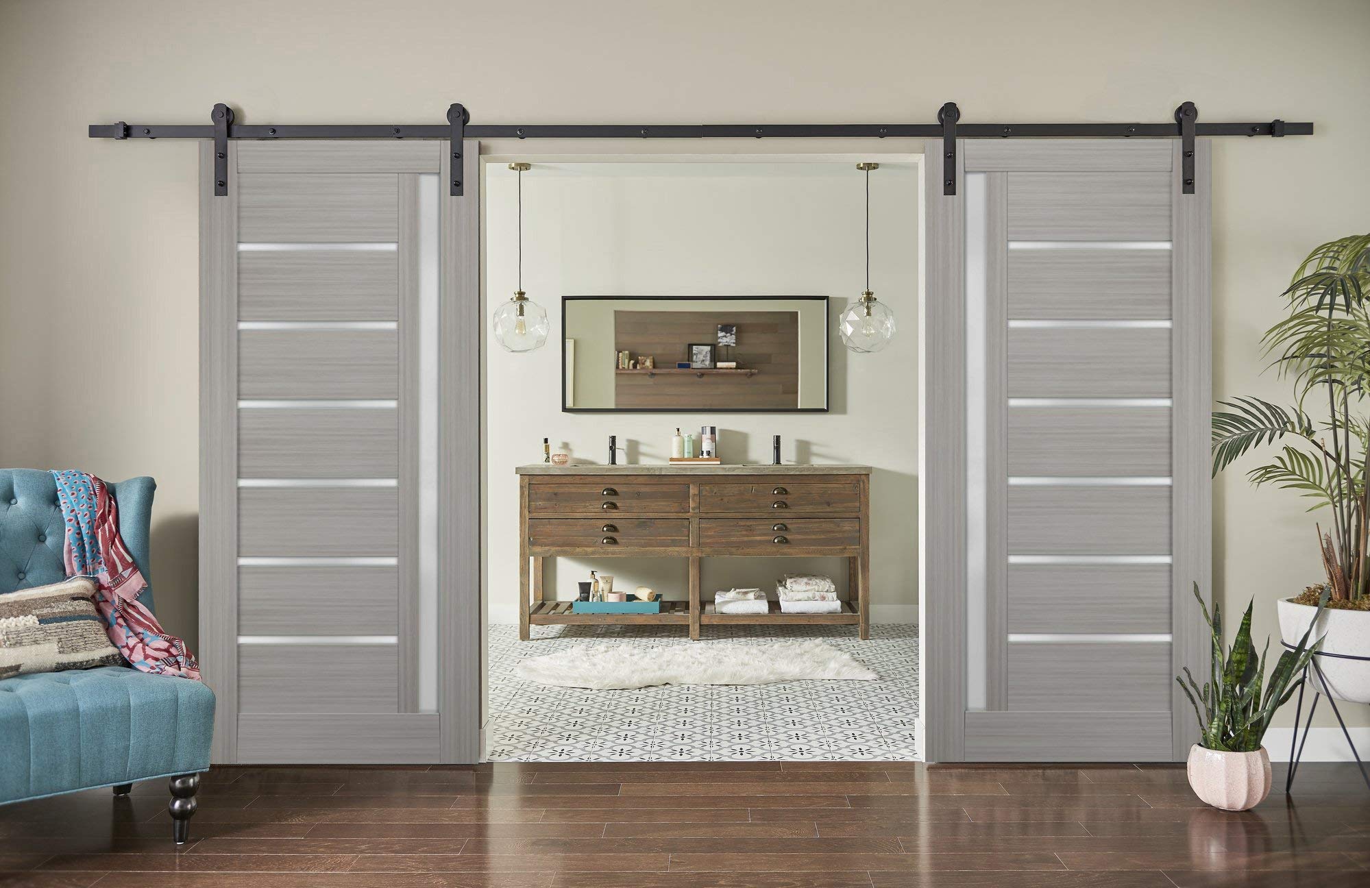 Sturdy 36 x 80 Inch Double Barn Door with Frosted Glass | Quadro 4088 Grey Ash Finish | Top Mount 13FT Rail Hangers Heavy Duty Set | Solid Panel Interior Sliding Doors for Bedroom, Closet & Farmhouse Style Homes