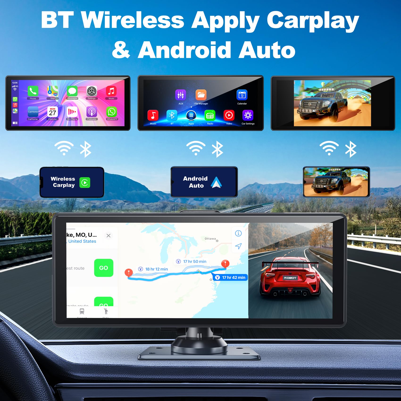 10.26 Inch Wireless CarPlay Screen for Car - Portable Car Stereo with 4K Dash Cam & Rear Camera Support, Android Auto/AirPlay/Bluetooth/Voice Control/GPS/AUX - IPS Touchscreen with 64GB TF Card - Perfect for Road Trips & Daily Commuting