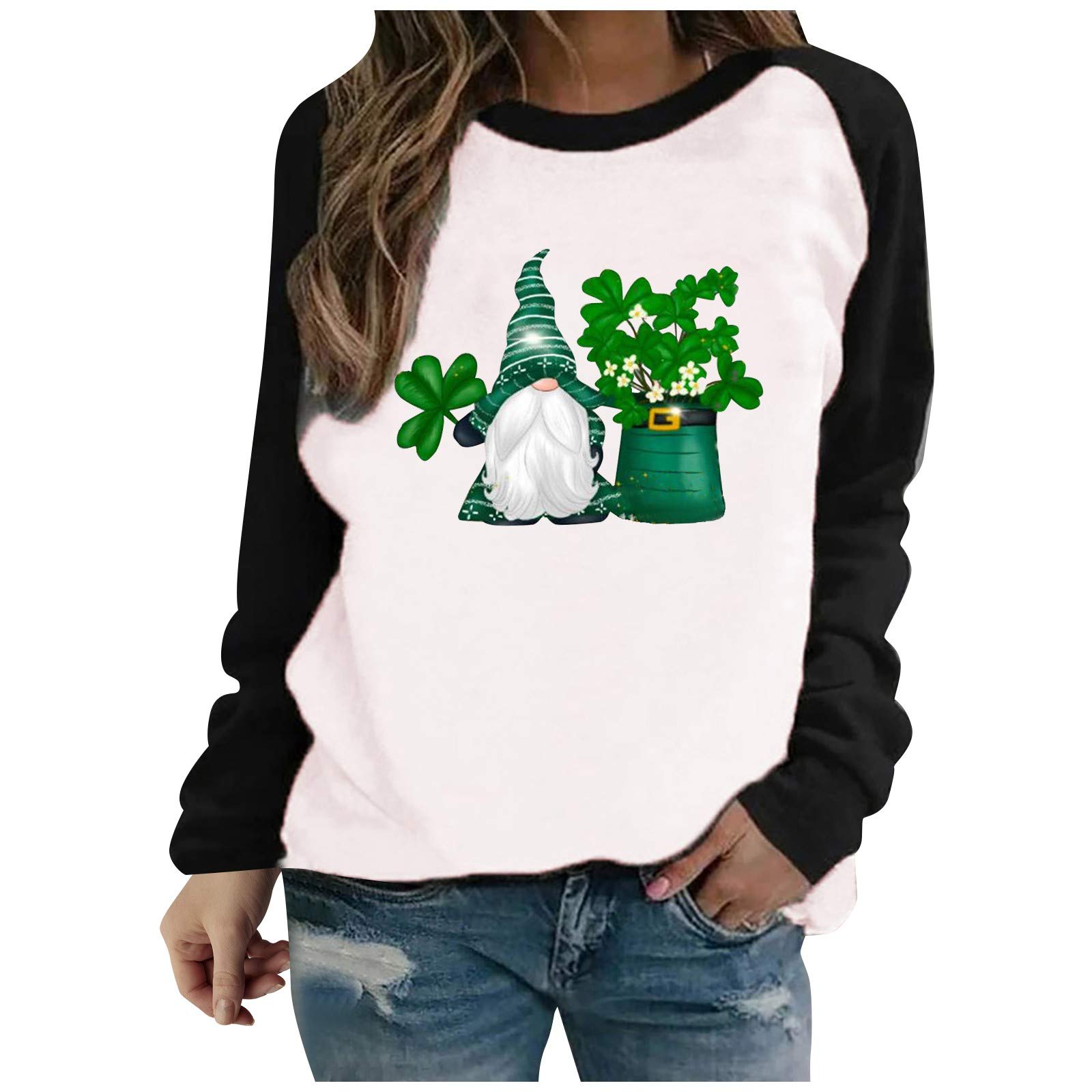 Women's Raglan Long Sleeve T-Shirt - Saint Patrick Gnomes Printed Round Neck Casual Top | Fashion 2022 | Perfect for St. Patrick's Day, Casual Outings & Holiday Parties
