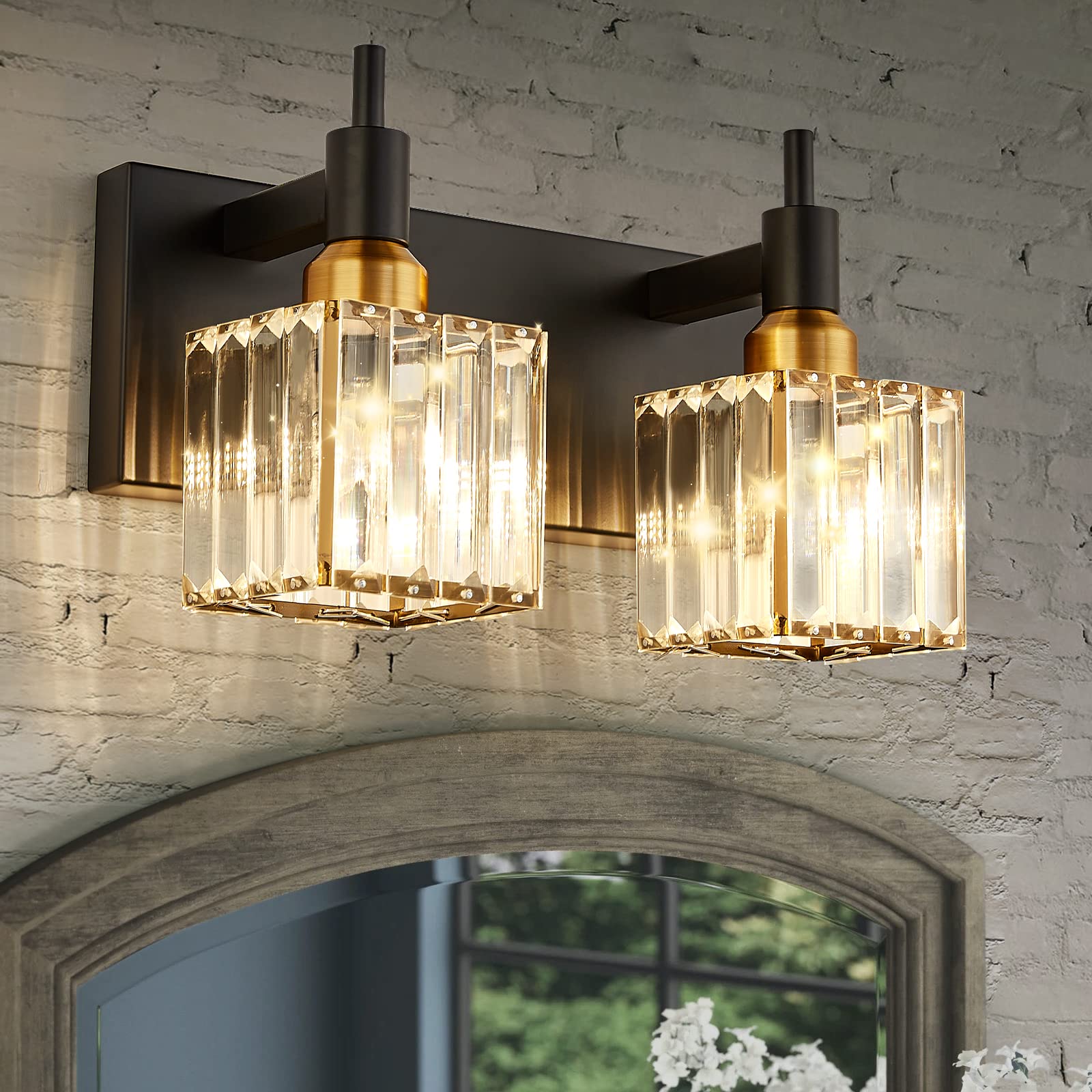 Modern Crystal Bathroom Vanity Light - 2-Light Black & Gold Adjustable Wall Sconce for Mirror Lighting, Bathroom Decor - Perfect for Master Bath, Powder Room & Spa Style Vanity Areas