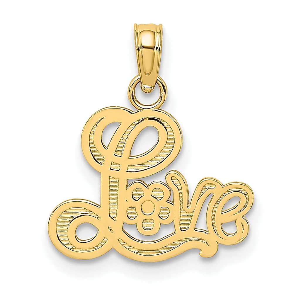 14K Yellow Gold Love Script Flower Charm Necklace Pendant - Romantic Message Fine Jewelry for Women - Perfect Gift for Her, Anniversary, Valentine's Day & Special Occasions
