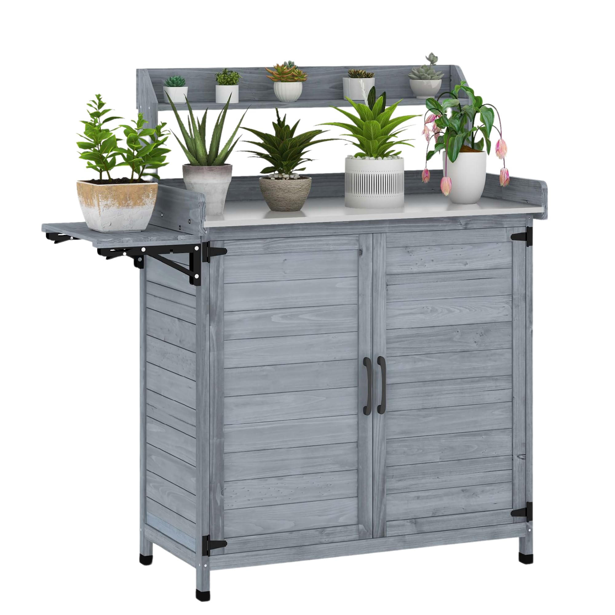 DWVO Solid Wood Outdoor Storage Box with Foldable Side Pallet & Galvanized Metal Tabletop - Multi-Functional Potting Bench & Garden Cabinet for Patio, Balcony, Porch - Perfect for Gardening, Storing Tools & Outdoor Relaxation (Grey)