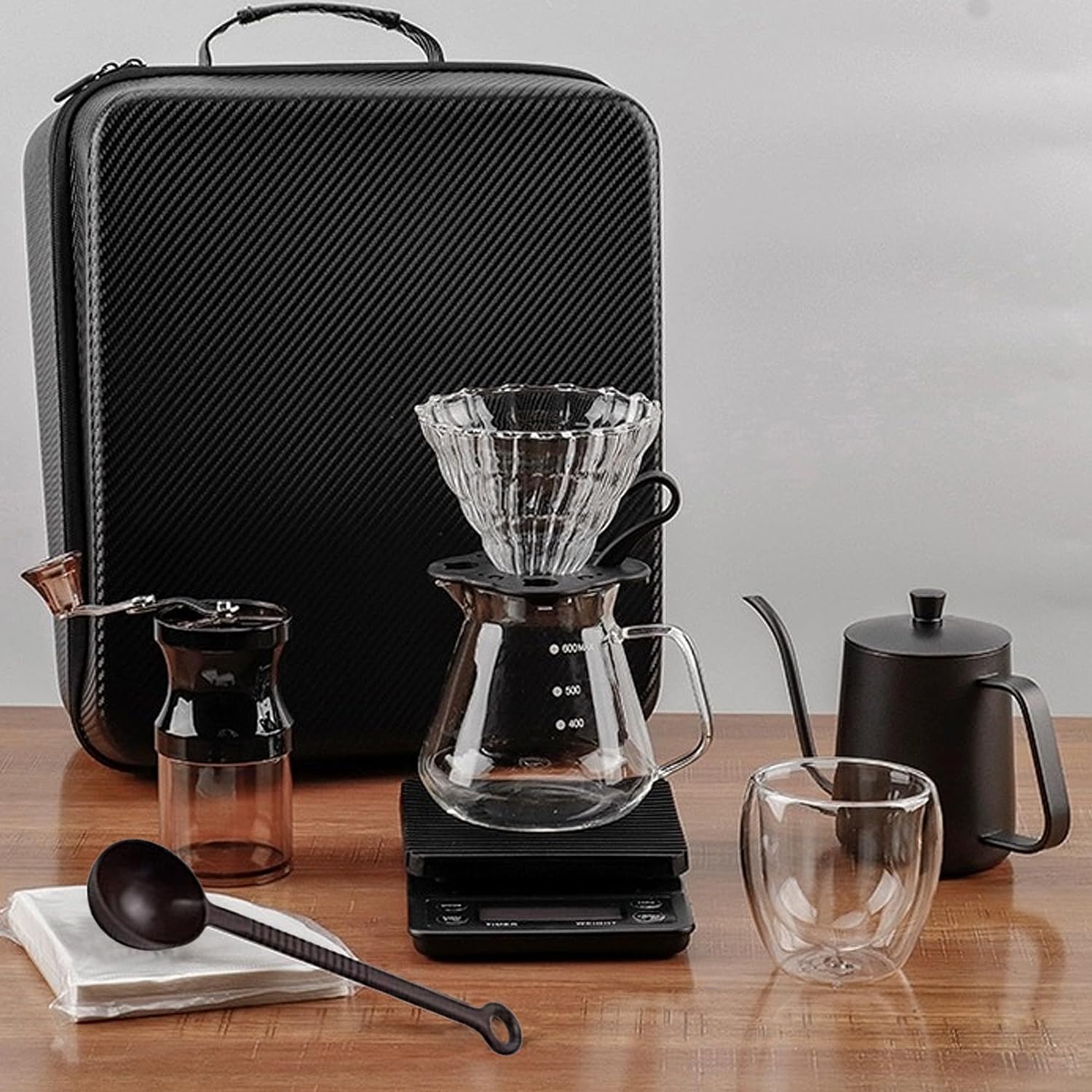 Premium Pour Over Coffee Maker Set - Stainless Steel Manual Coffee Grinder, Glass Dripper & Travel Bag - All-in-1 Portable Camping Coffee Kit for Outdoor Adventures, Home Brewing & Perfect Gifts for Coffee Lovers