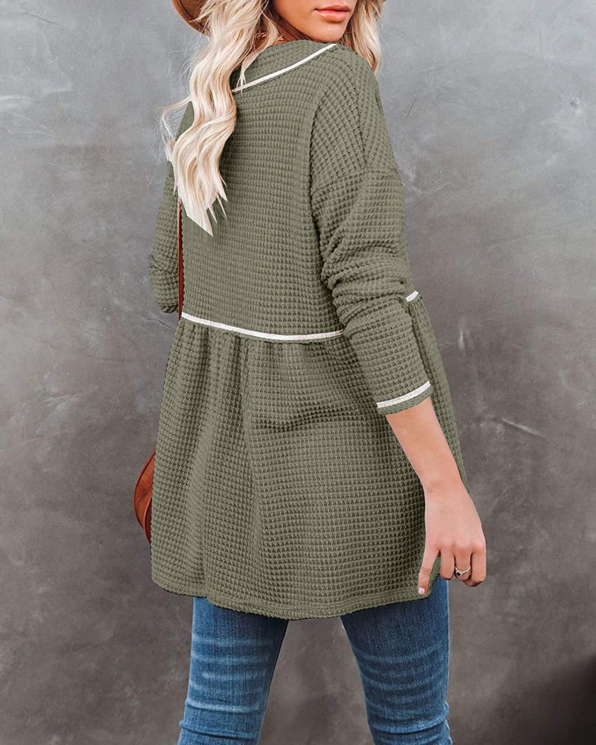 Women's V-Neck Tunic Top Long Sleeve Waffle Knit Pullover Shirt - Casual Flowy Sweater for Fall & Winter | Perfect for Work, Date Night & Layering