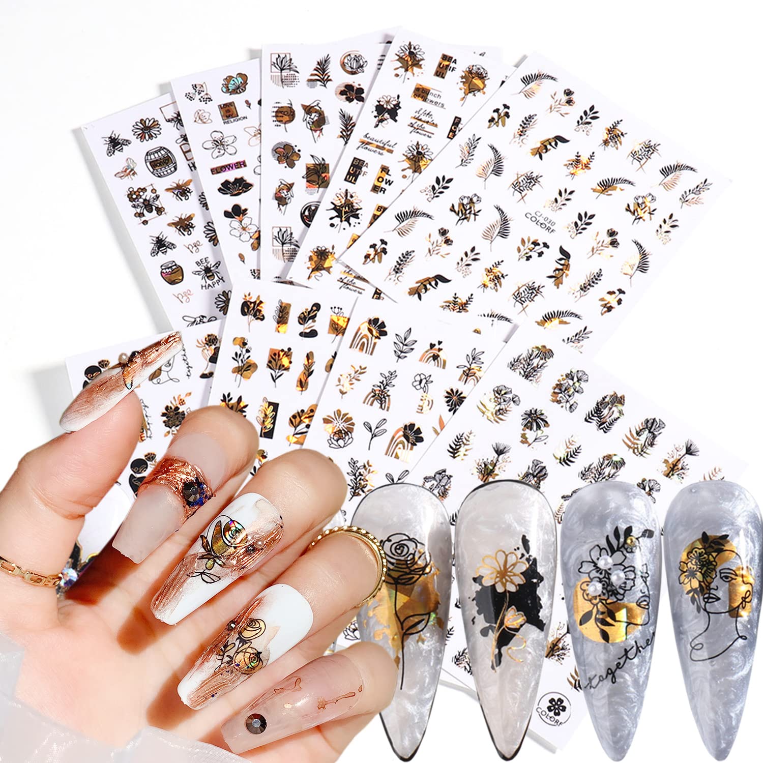 3D Holographic Gold Nail Art Stickers - Self-Adhesive Floral Rose Leaf Nail Decals for Women | DIY Manicure Decorations | Perfect for Parties, Weddings & Special Occasions