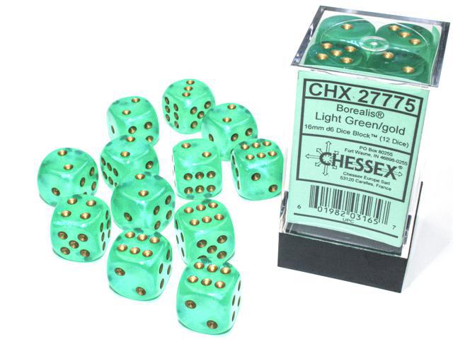 Borealis 16mm D6 Dice Set in Light Green & Gold - Premium Polyhedral Dice for Dungeons & Dragons, RPGs, and Tabletop Gaming
