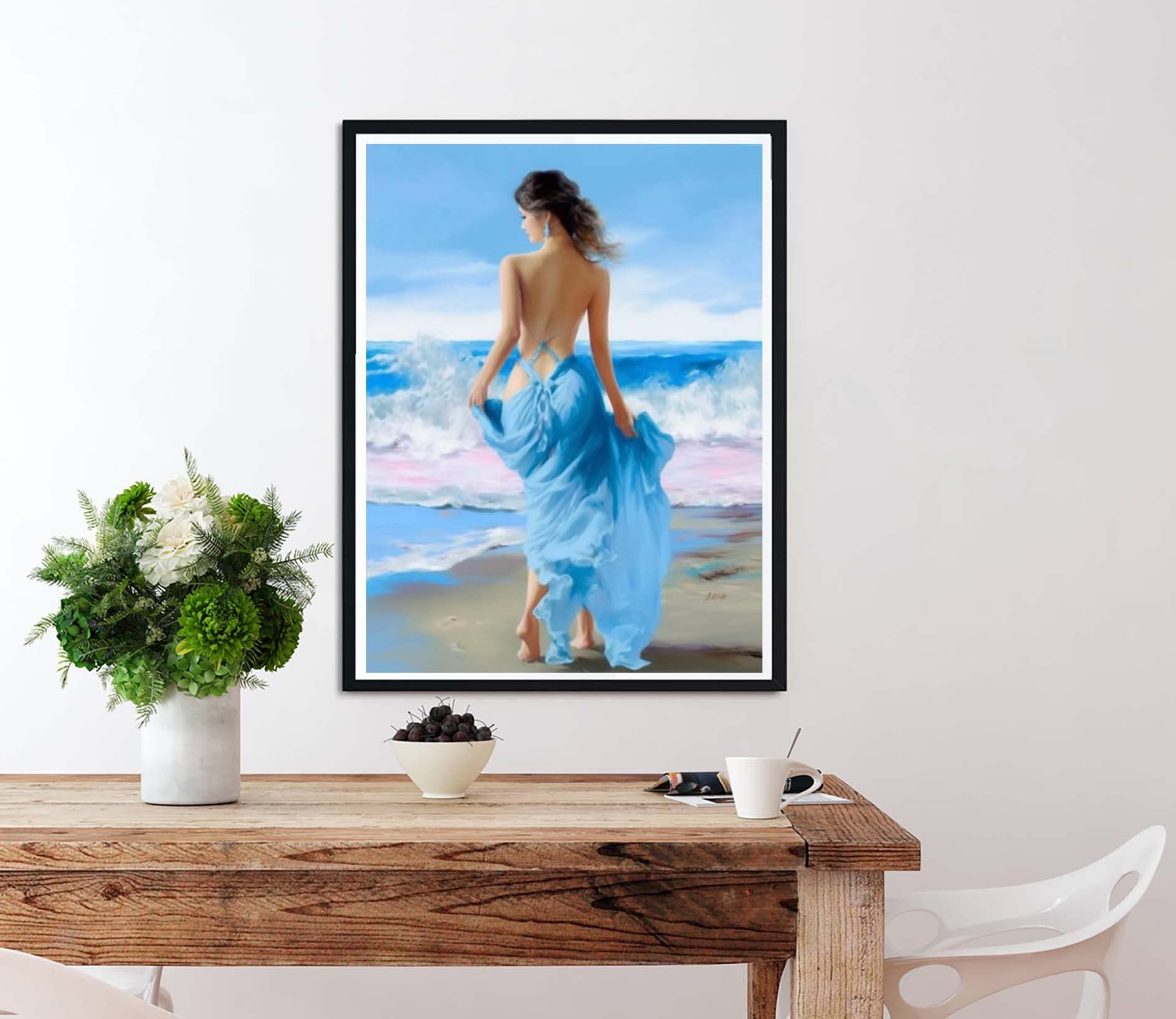 DIY Oil Painting by Numbers Kit for Adults & Kids - Seaside Blue Dress Woman Acrylic Paint by Numbers for Beginners - 16x20 Inch Home Wall Decor Art - Perfect for Relaxation, Stress Relief & Creative Gift