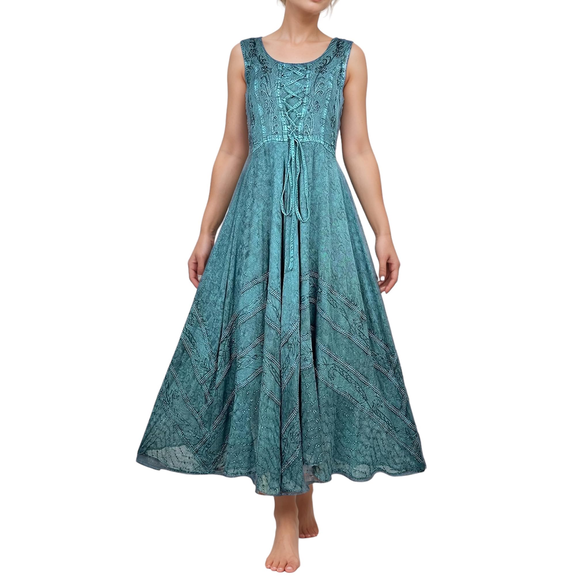 Agan Traders Women's Gothic Corset Smocked Maxi Dress - Sleeveless Embroidered Summer Dress for Women, Calf Length Twirl Dress for Spring & Summer, Perfect for Parties, Weddings and Gothic Fashion Events