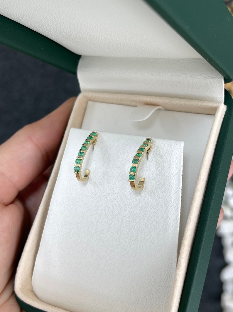 0.75 Carat Natural Round Emerald 14K Gold J Hoop Earrings for Women - Elegant Dangle Earrings for Party, Wedding & Everyday Wear