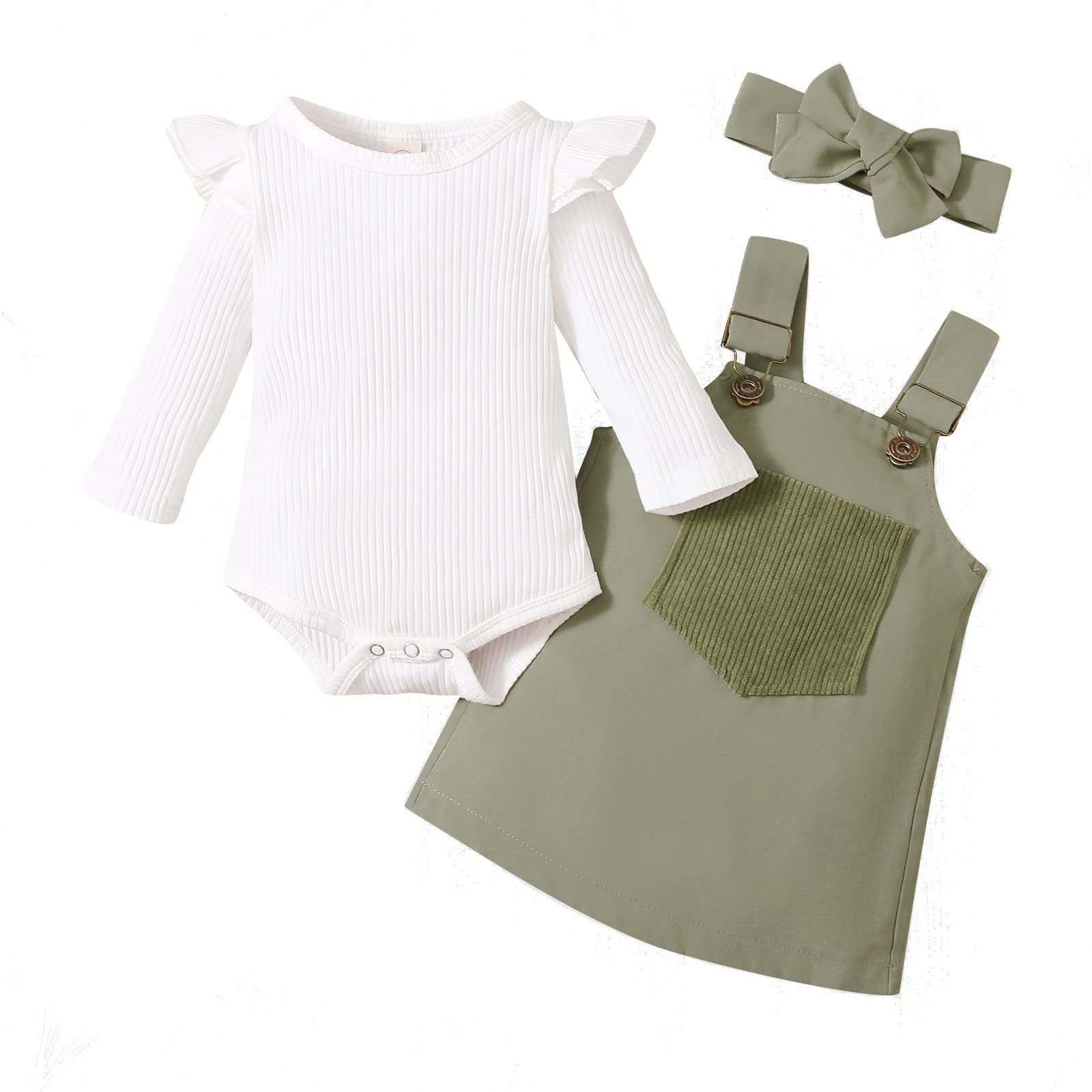 Newborn Baby Girl Fall Outfit - Ruffle Long Sleeve Ribbed Romper with Pocket & Suspenders | Infant Overalls Dress for Photoshoots, Family Gatherings & Special Occasions