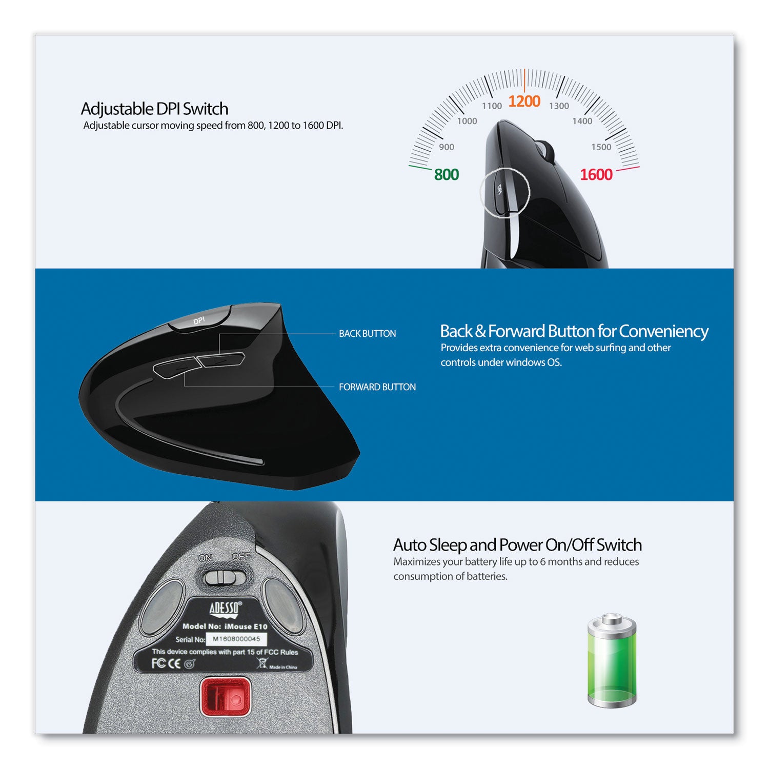 Adesso Imouse E10 Wireless Vertical Ergonomic USB Mouse - 2.4GHz Frequency with 33ft Range, Right-Handed Design, Black - Perfect for Office Work, Graphic Design & Long Computer Sessions