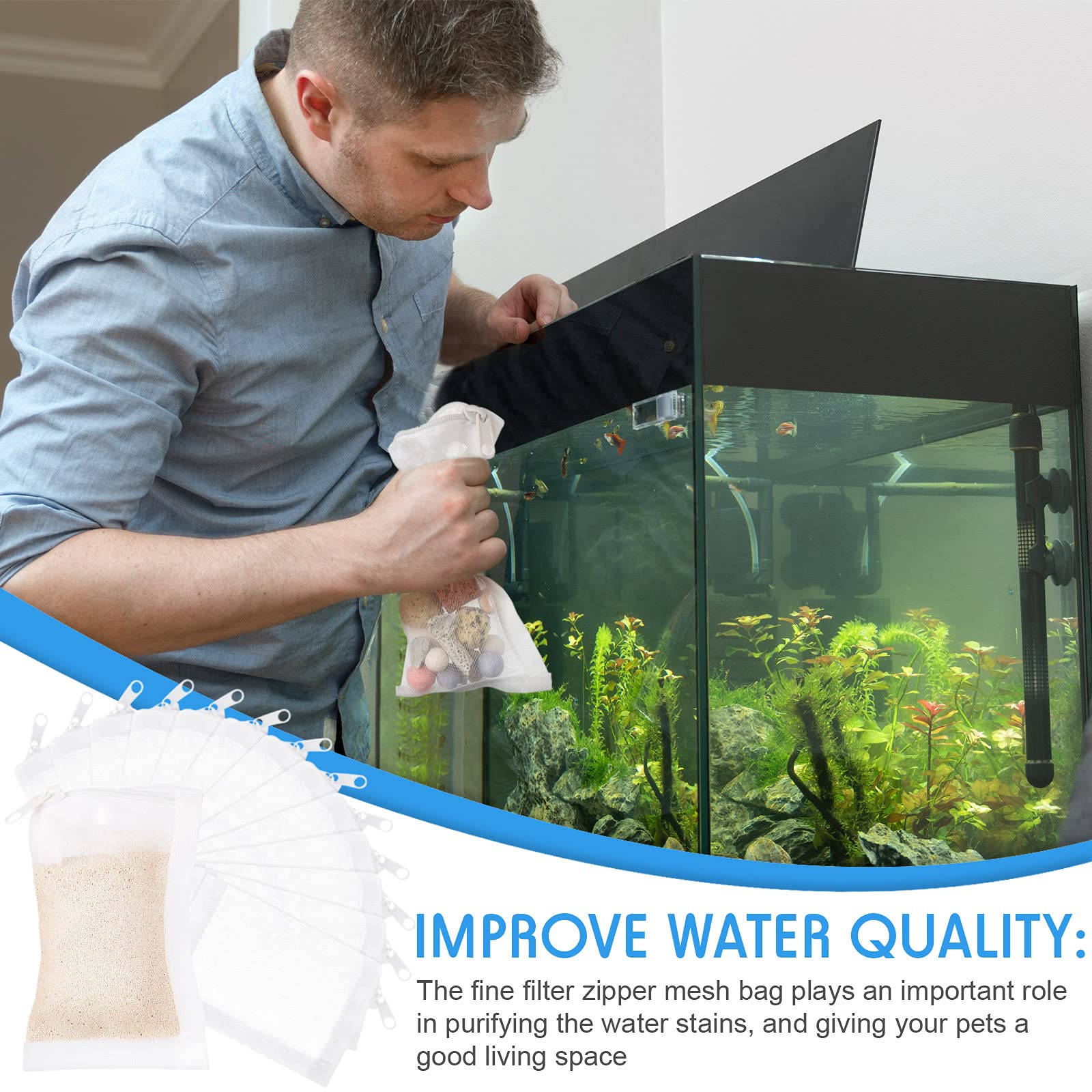 Geiserailie 15 Pack Aquarium Filter Media Bags - 150 Micron Fine Mesh Reusable Filter Bags with Zipper for Activated Carbon & Resins (2.4 x 4 Inch, Nylon) - Perfect for Fish Tank, Pond & Water Filtration Systems