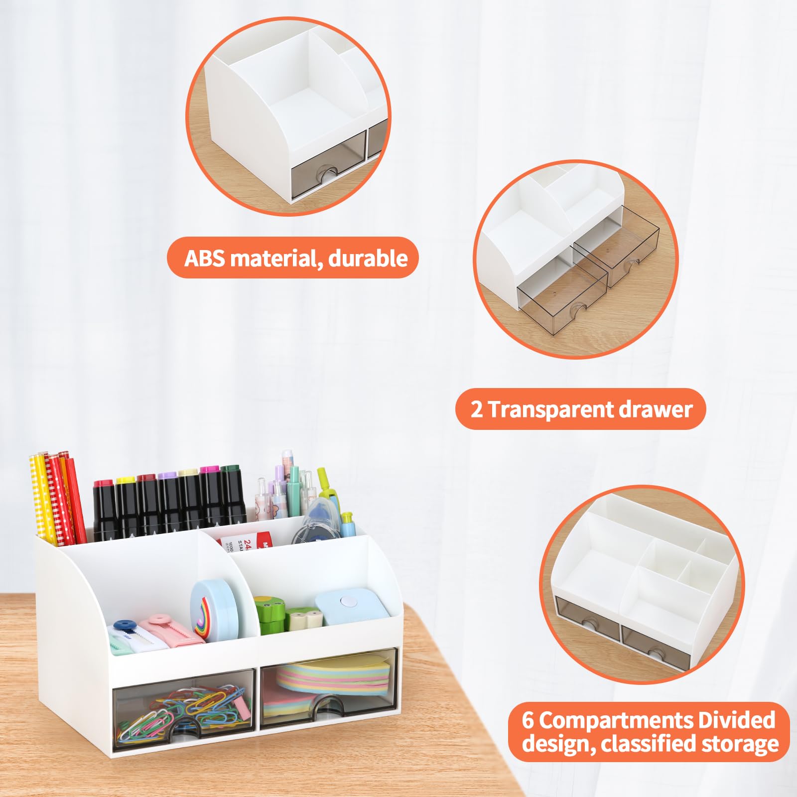 White Office Desk Organizer with Drawers - Desktop, Tabletop & Counter Storage for Pens, Pencils, Business Cards, Sticky Notes & Paperclips | Perfect for Home Office, Study & Workspace Organization