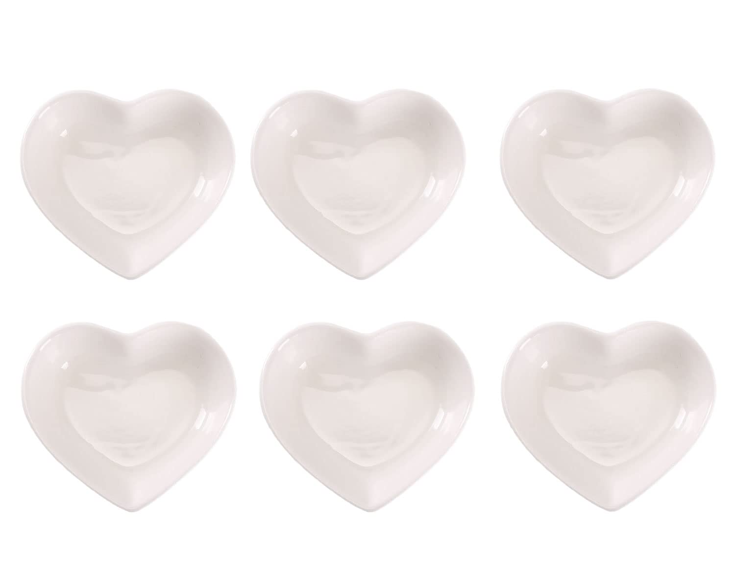 WHJY White Heart-Shaped Ceramic Side Dish Bowls - Set of 6, Contemporary Porcelain Appetizer Plates for Soy Sauce, Dipping Sauces, Seasonings - Perfect for Wedding, Birthday Party, Romantic Dinner & Home Decor