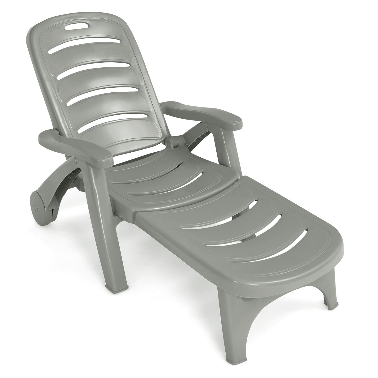 Giantex Patio Chaise Lounge Recliner with Wheels - Folding Outdoor Deck Chair with Armrests & 5 Adjustable Positions - Perfect for Poolside, Beach, Garden, Yard & Sunbathing - Lightweight & Portable Rolling Lounger (Gray)