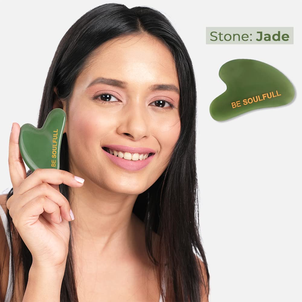 BE SOULFULL Jade Gua Sha Stone - Natural Green Jade Facial Massage Tool for Face Sculpting, Jawline Definition & Relaxation - Includes Magnetic Storage Box - Perfect for Skincare Routine & Self-Care Rituals