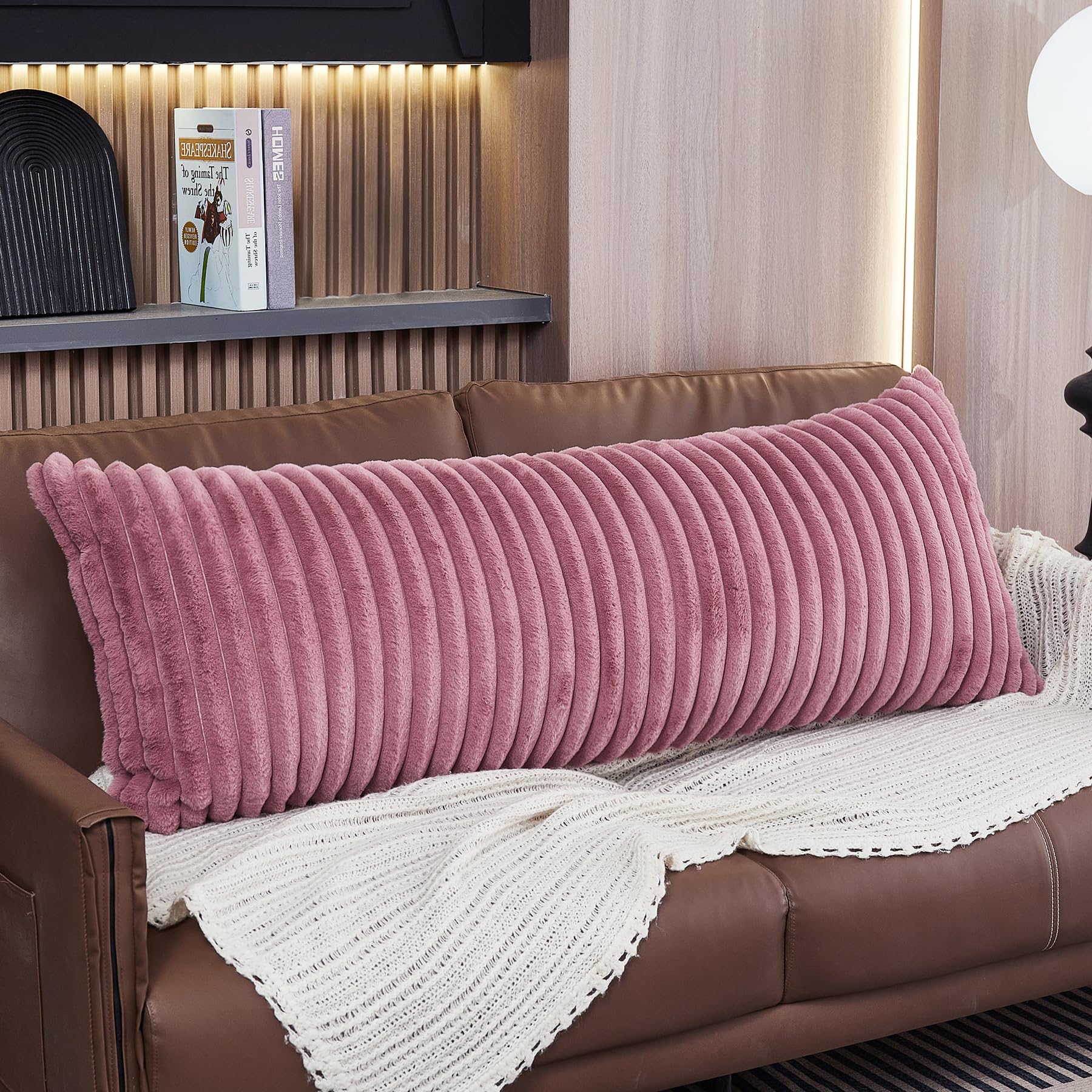 WERDIM Dusty Rose Vertical Striped Body Pillow Cover 21x54 Inches - Soft Plush Faux Fur Pillowcase with Zipper for Pregnancy Support, Side Sleepers & Comfort - Cozy Bedroom Decor for Maternity, Couch & Nap Time