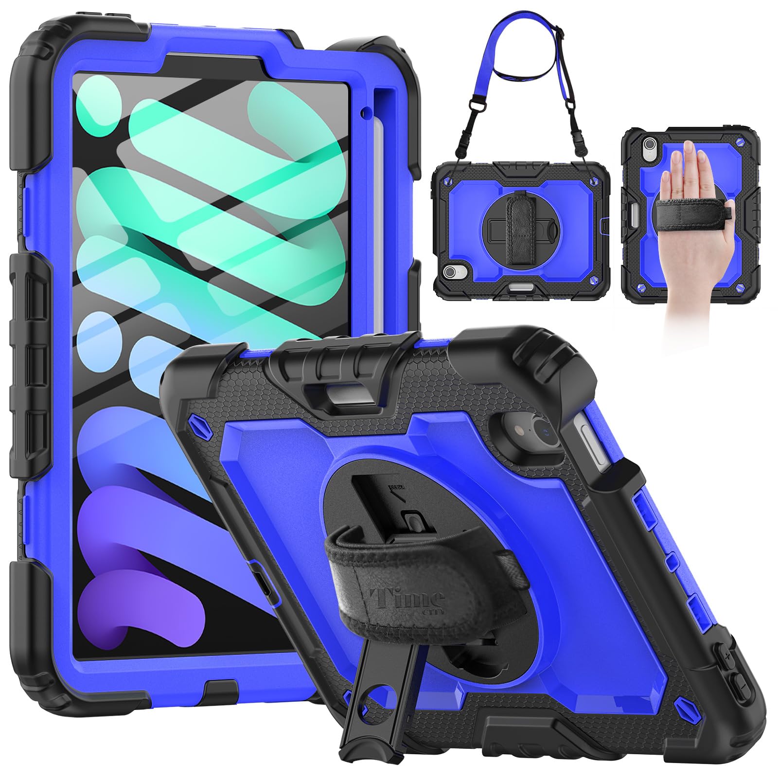 Timecity Protective Case for iPad Mini 7 (A17 Pro) 2024 & iPad Mini 6 2021 8.3 Inch - Shockproof Full-Body Cover with Built-in Screen Protector, Pencil Holder, Rotating Stand & Hand Strap - Perfect for Work, Travel and Daily Use - Dark Blue