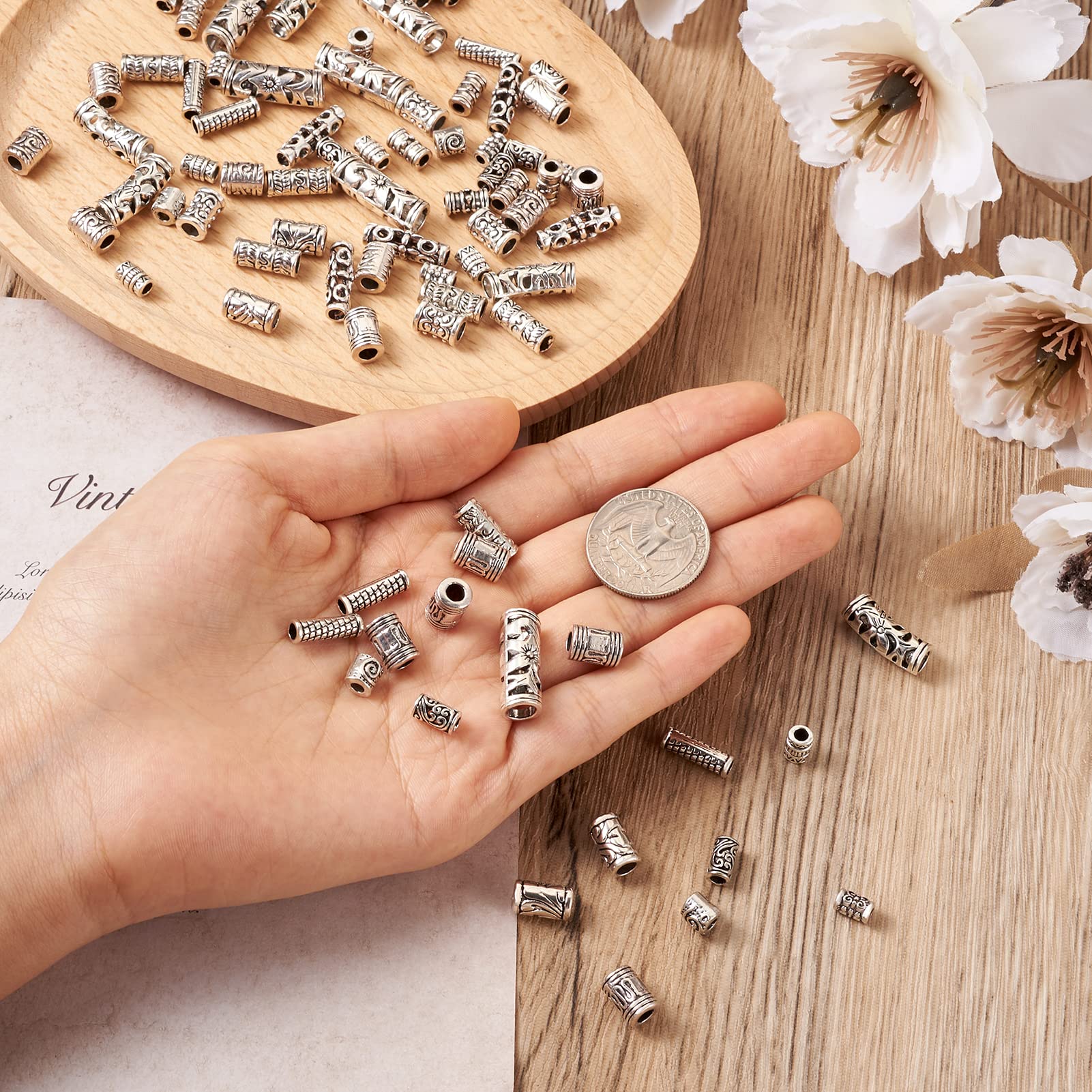 KISSITTY 280pcs Tibetan Style Spacer Beads - Antique Silver Metal Tube Beads for DIY Jewelry Making (Bracelets, Earrings, Necklaces) | 14 Styles Bulk Loose Beads | Perfect for Boho, Ethnic & Handmade Jewelry Designs