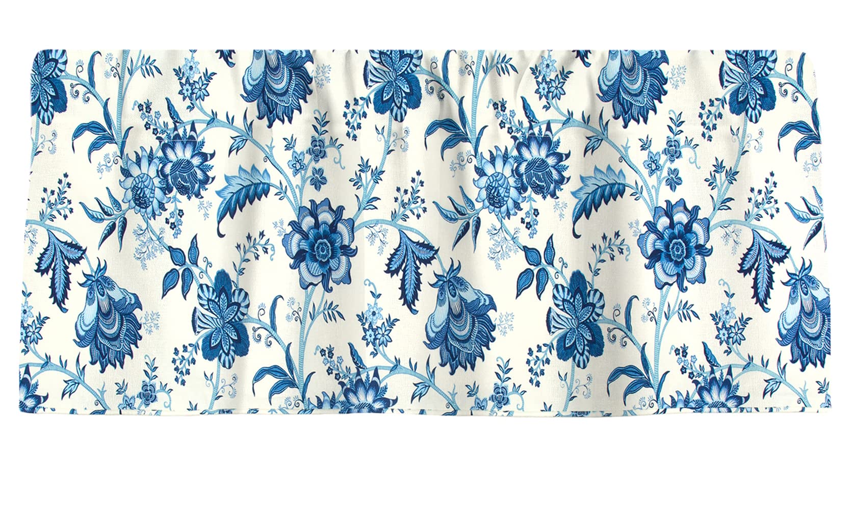 Blue and Off White Floral Valance Curtains - 53x13 Inch Rod Pocket Window Treatments for Kitchen & Living Room Decor - Elegant Home & Office Window Coverings