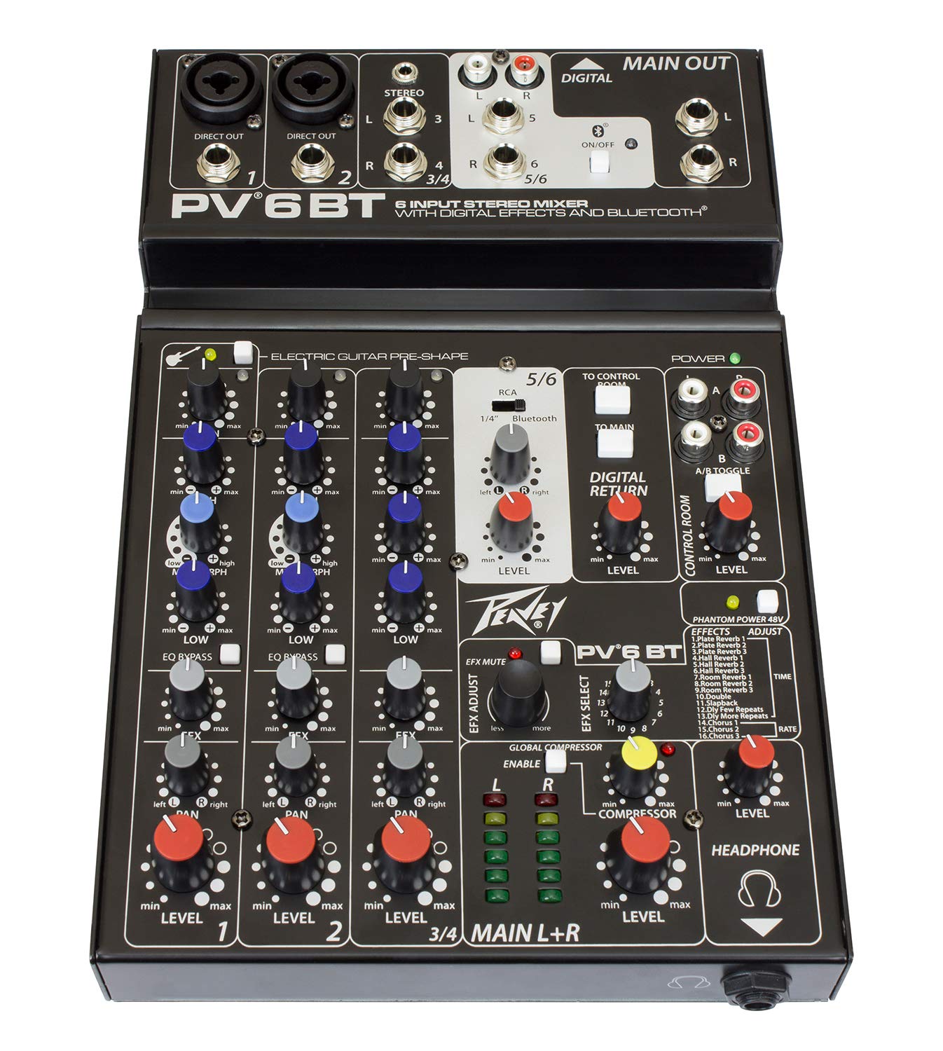 Peavey PV 6 BT 6-Channel Compact Audio Mixer with Bluetooth - Perfect for Live Performances, Studio Recording & DJ Setups