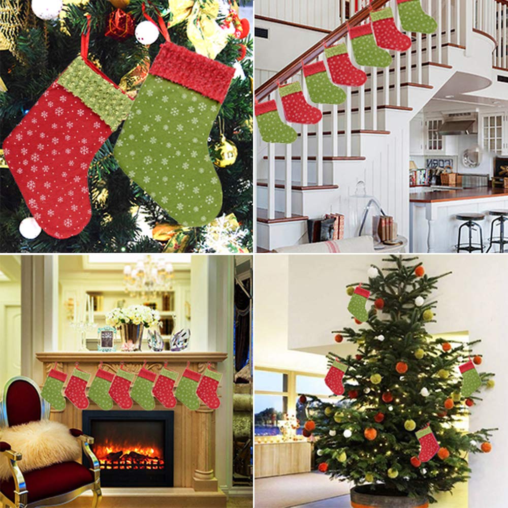 QBSM Christmas Mini Stockings - 24 Pack 9 Inch Small Felt Stockings with Snowflake Design | Bulk Holiday Gift & Candy Holder Bags | Rustic Xmas Tree Decorations in Red & Green | Perfect for Christmas Party Favors, Office Gifts & Fireplace Decor