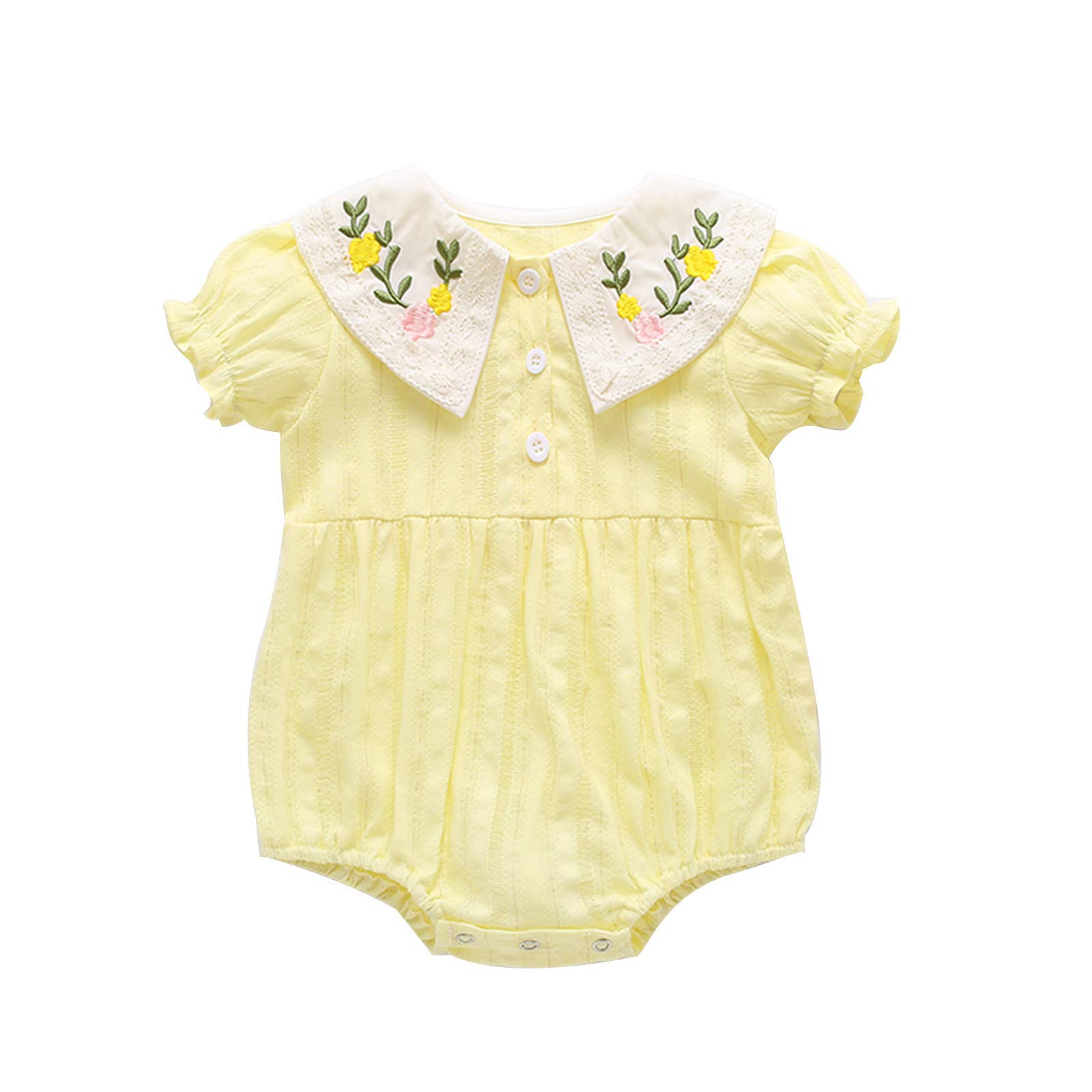 IKFIVQD Newborn Baby Girl Clothes - Floral Peter Pan Collar Romper Bodysuit for 0-3 Months | Soft Cotton Infant Outfit for Photoshoots, Playdates & Special Occasions (Yellow)