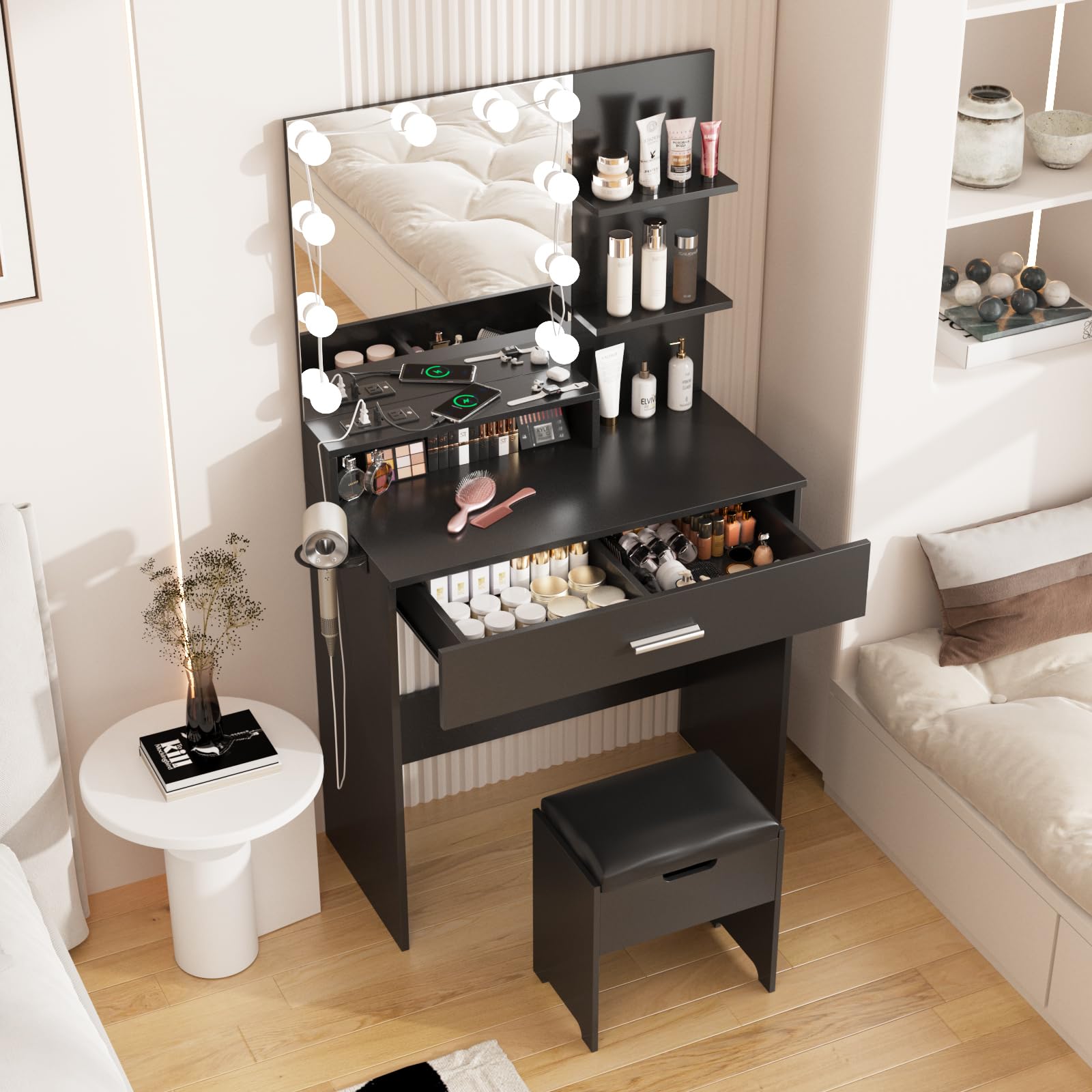 Fameill Makeup Vanity Table with LED Lighted Mirror & USB Charging Station, Black Vanity Desk Set with 3 Lighting Modes & Adjustable Brightness - 31.5 Inch Wide for Bedroom, Dressing Room & Home Beauty Salon