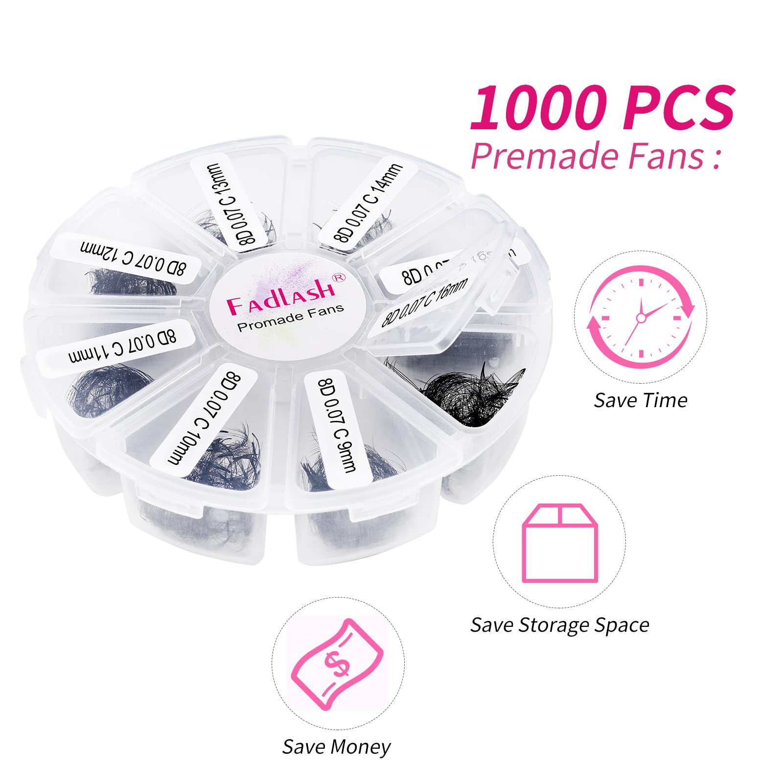 1000pcs Premium Handmade Volume Eyelash Extensions - 8D-0.07C Mixed Lengths (9-16mm) Pointed Base Loose Fans for Professional Salon & DIY Lash Artists | Perfect for Bridal, Party & Special Occasion Makeup