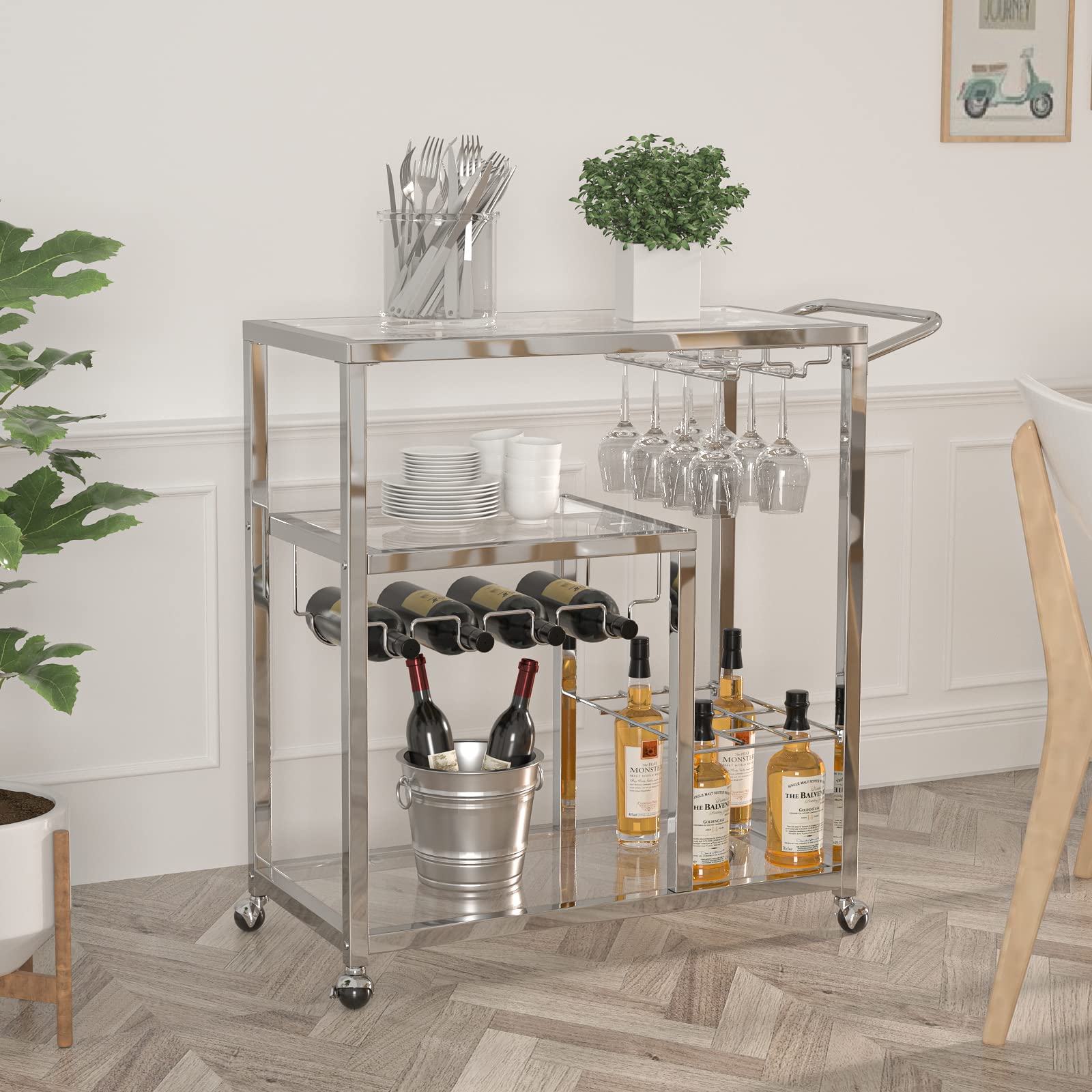 3-Tier Rolling Bar Cart with Lockable Wheels, Handle & Wine Rack - Stainless Steel Kitchen Serving Cart with Glass Holder for Home, Party & Outdoor Entertaining - QSSLLC Metal Storage Cart for Wine, Drinks & Snacks