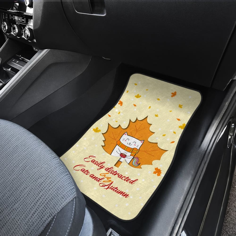 Funny Car Floor Mats - Easily Distracted by Cats & Autumn - Non-Slip Auto Accessories for Cat Lovers & Seasonal Decor - Perfect for Holidays, Gifts & Themed Car Interiors