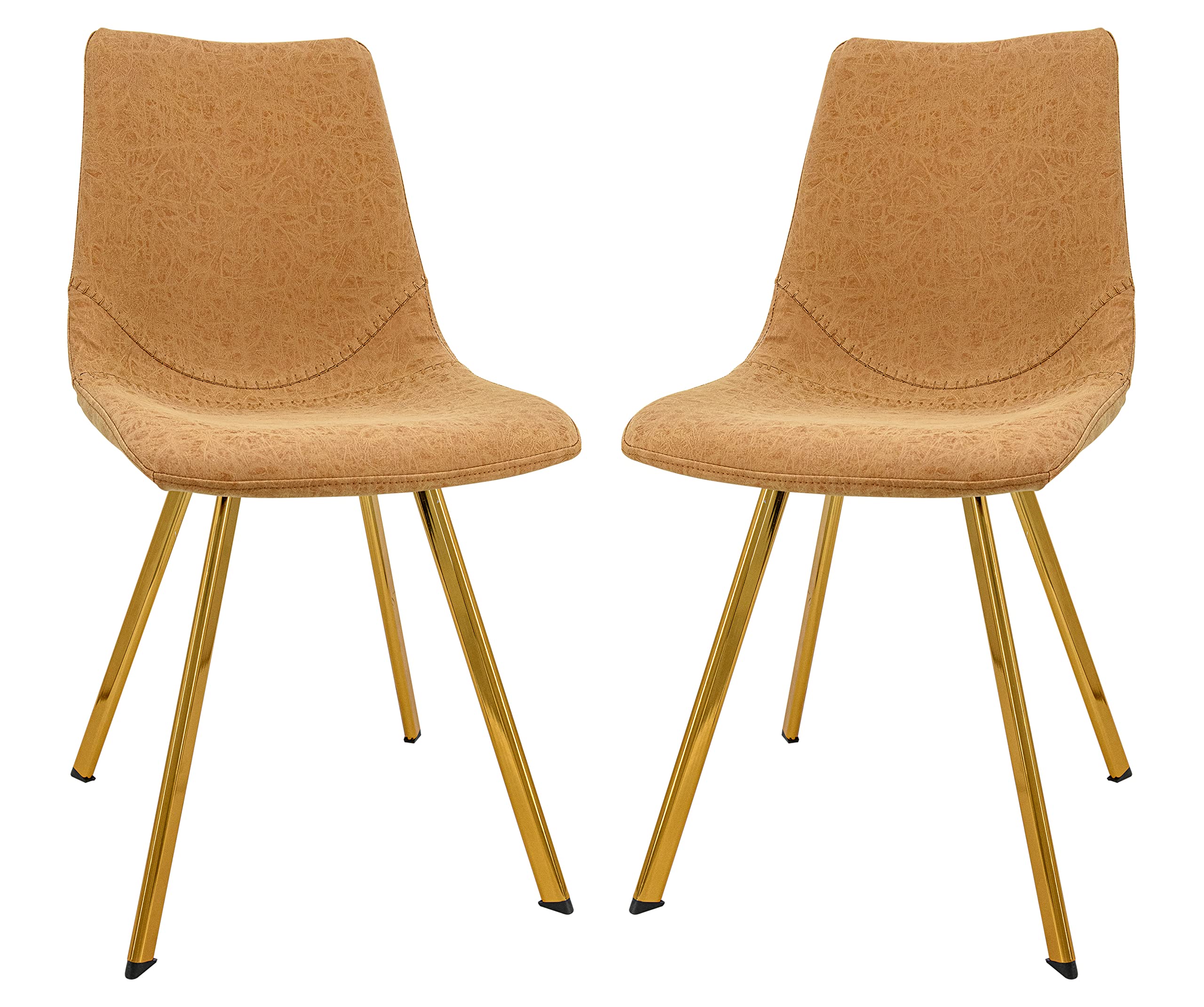 LeisureMod Markley Modern Leather Dining Chairs Set of 2 - Light Brown Upholstery with Gold Metal Legs for Kitchen, Dining Room & Home Office