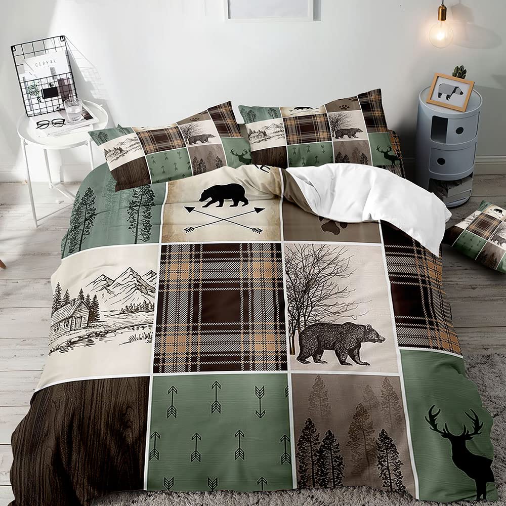 VIVIHOME 2-Piece Rustic Cabin Bedding Set - Twin Size Woodland Animals Duvet Cover with Deer Elk Moose Black Bear Print - Hunting Lodge Country Farmhouse Style Plaid Patchwork Quilt Comforter Cover + 1 Pillowcase - Perfect for Cabin Retreats, Hunting Lodges & Cozy Farmhouse Bedrooms