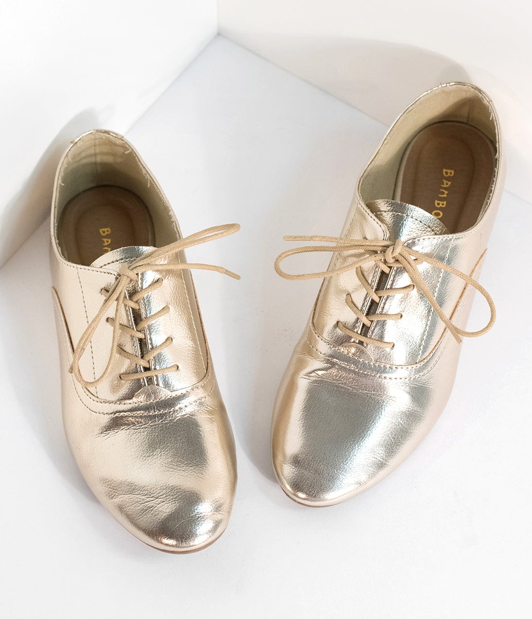 Metallic Gold Classic Lace Up Flats for Women - Comfortable Casual Shoes for Office, Party & Everyday Wear