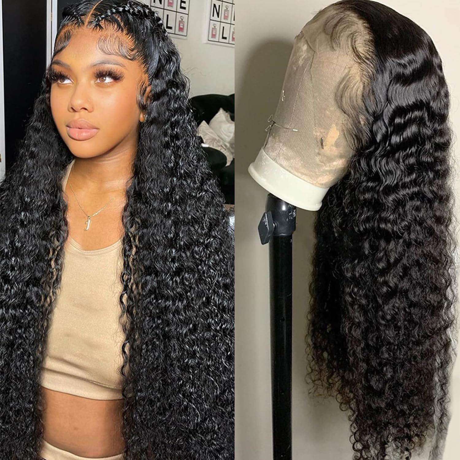 13x6 Deep Wave Lace Front Wigs Human Hair - Pre Plucked Deep Curly HD Lace Frontal Wigs 180% Density - Natural Black Color 28 Inch - Perfect for Daily Wear, Parties & Special Occasions