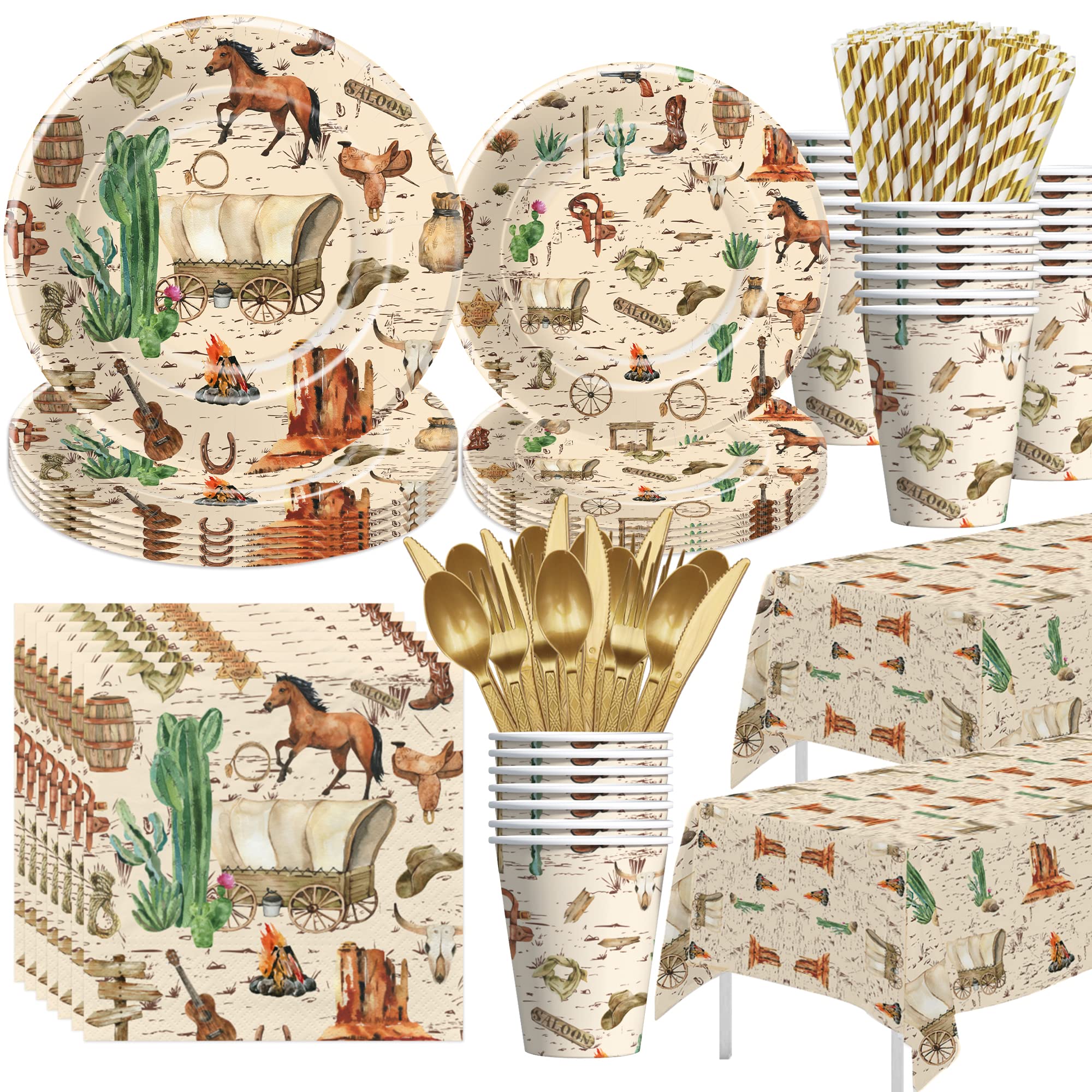 Western Cowboy Party Decorations & Tableware Set - Wild West Birthday, Baby Shower & Rodeo Party Supplies (Plates, Cups, Napkins, Tablecloth, Cutlery, Straws) | 24-Piece Dinnerware for Western Themed Events, Cowboy BBQs & Ranch Parties