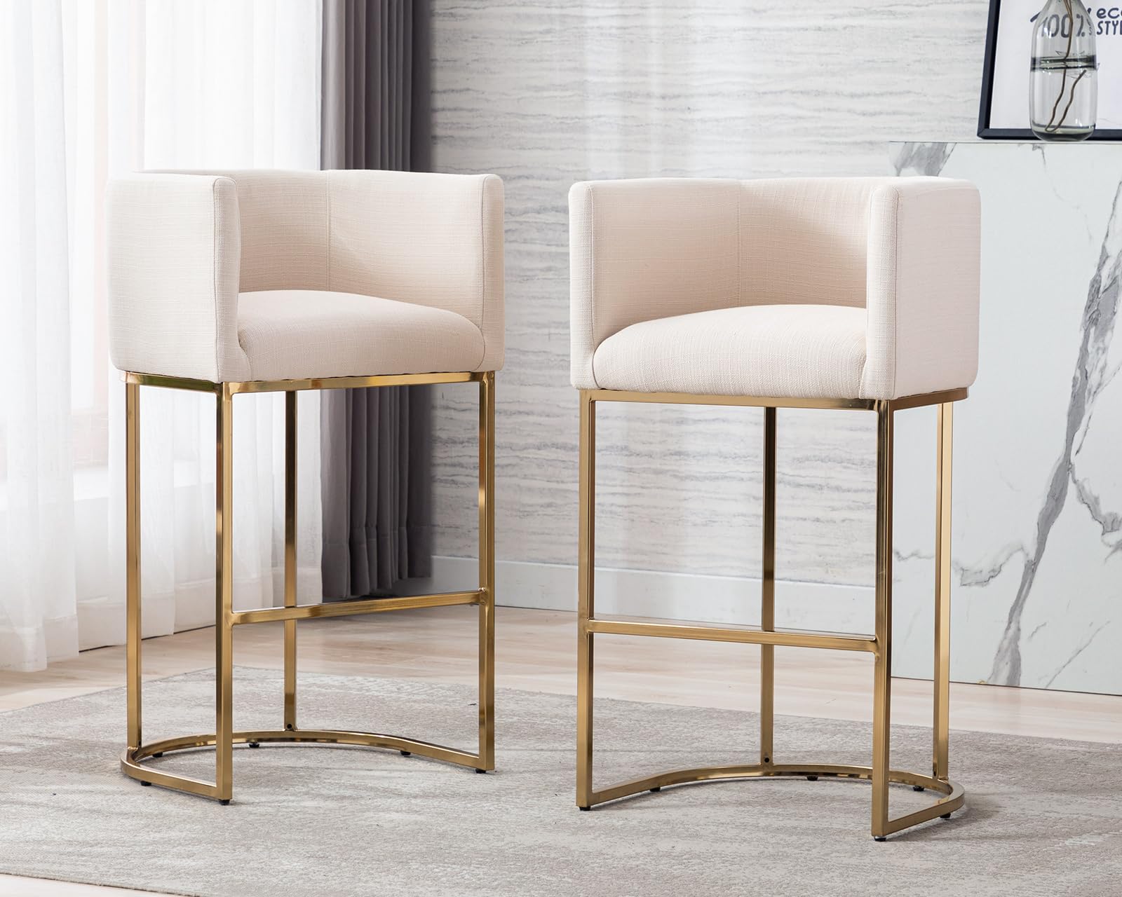 Modern Cream Counter Height Barrel Linen Fabric Upholstered Counter Stools Set of 4, 29 Inch Kitchen Island Stools with Gold Metal Frame - Perfect for Breakfast Bars, Kitchen Islands & Dining Areas