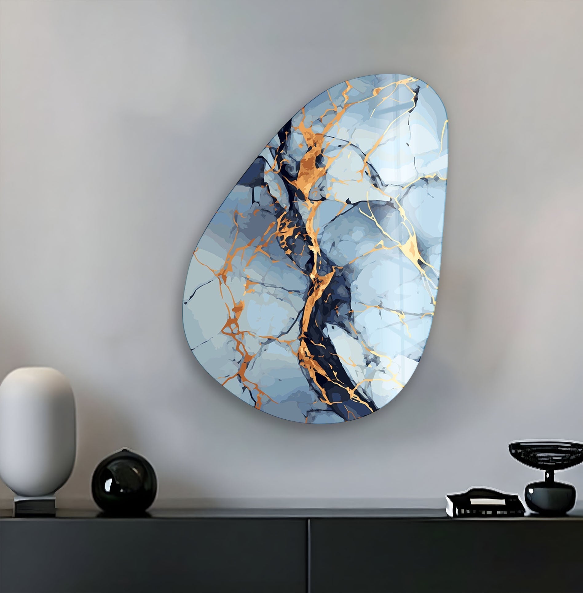 Modern Asymmetrical Oval Light Blue Abstract Glass Wall Art - Handmade Contemporary Decor for Living Room, Bedroom & Office