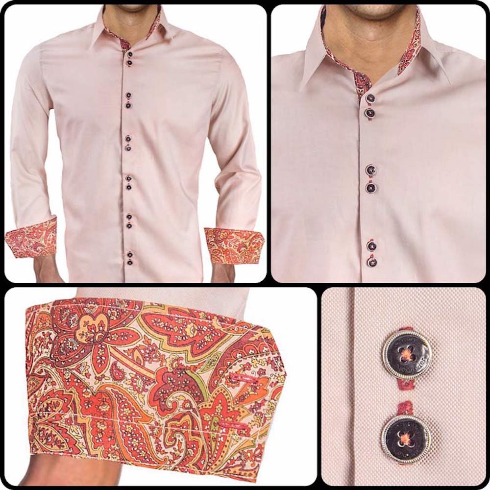 Premium Tan & Maroon Paisley Pattern Dress Shirt for Men - 100% Cotton Formal Business Attire - Handcrafted in USA - Perfect for Office, Weddings & Special Occasions