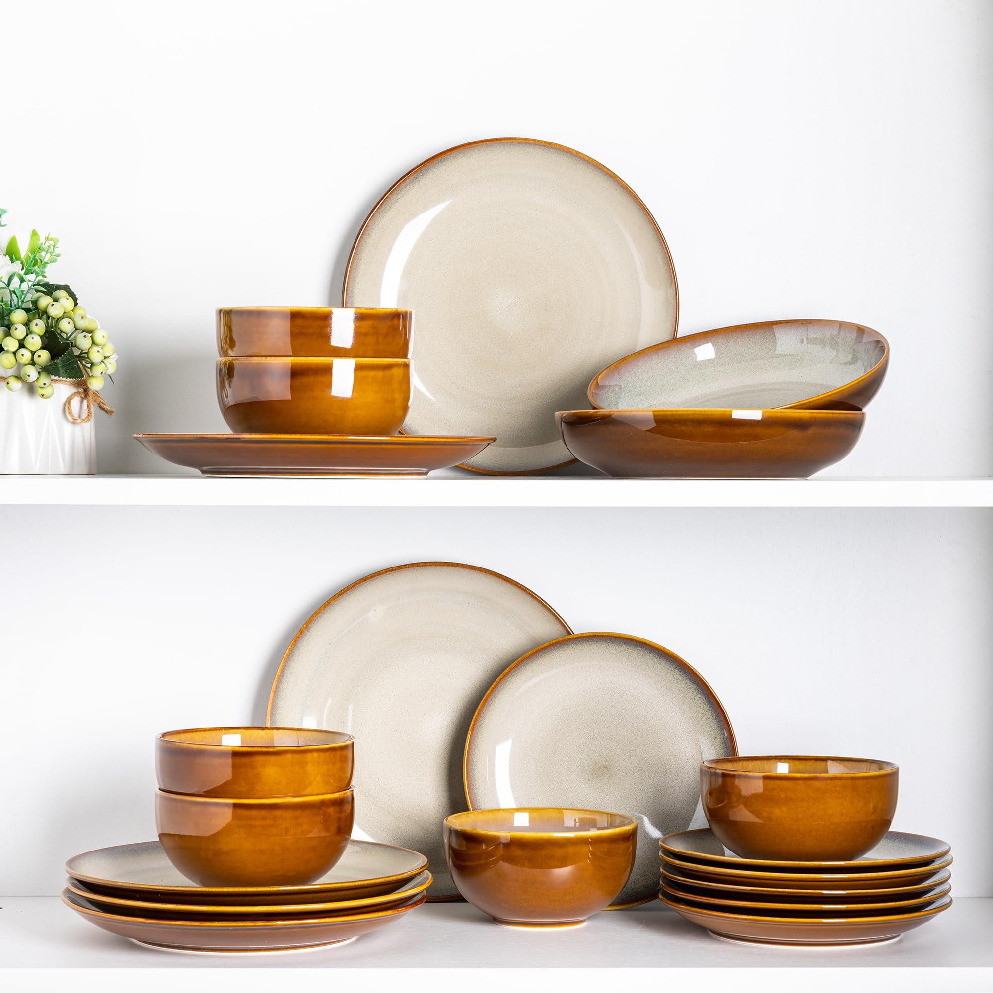 LERATIO 24-Piece Ceramic Dinnerware Set for 8, Stoneware Plates & Bowls with Handmade Reactive Glaze - Chip & Scratch Resistant, Oven, Dishwasher & Microwave Safe - Khaki | Perfect for Family Dinners, Entertaining Guests & Everyday Use