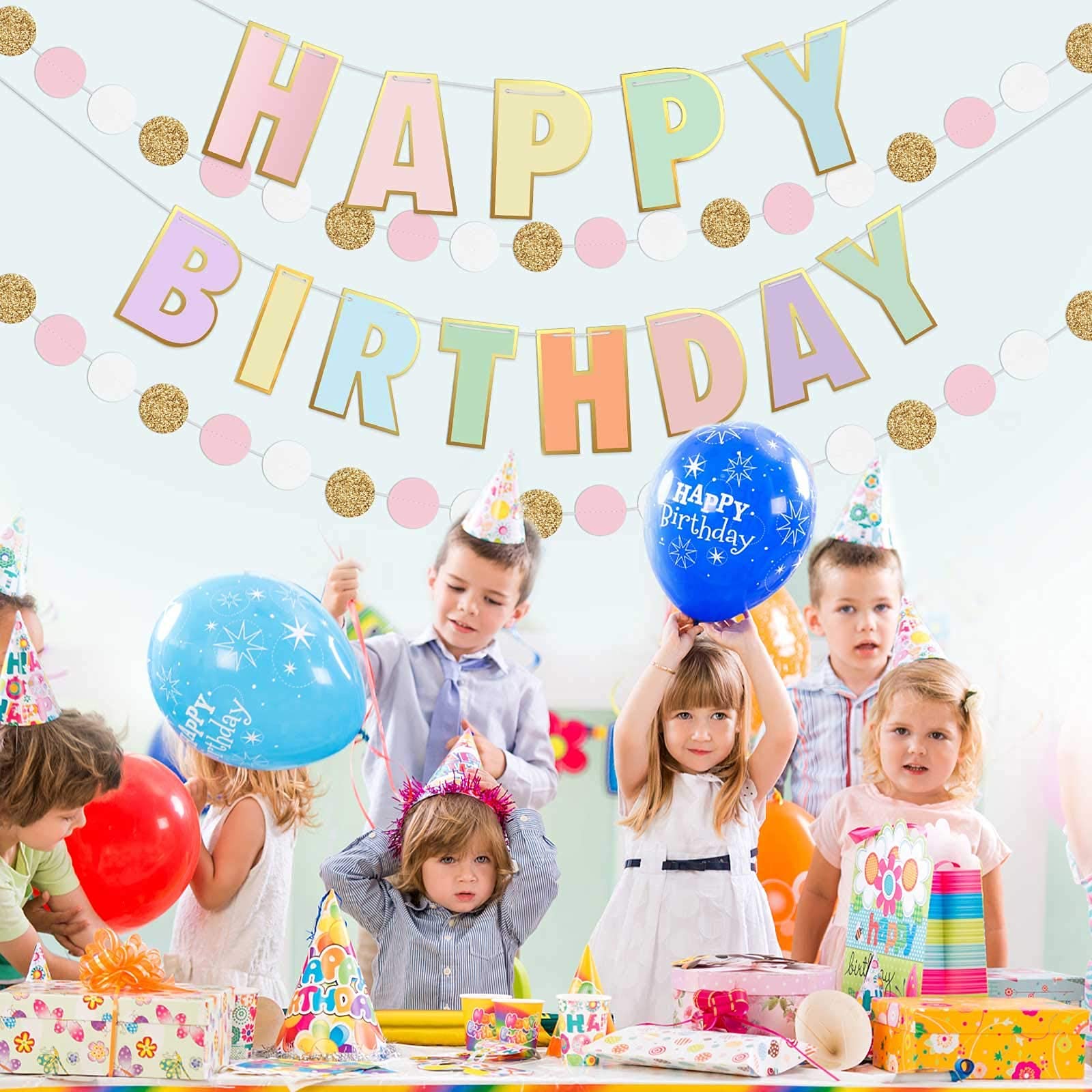 Pre-Strung Happy Birthday Banner & Decorations Set - Pastel Dot Garland for Girls Toddler Birthday Party - Perfect for Baby Shower, Nursery Decor & Birthday Celebrations