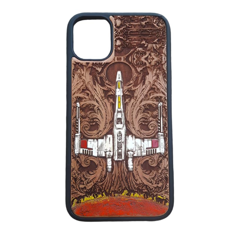 Sci-Fi Spaceship Laser Engraved Wood Phone Case for iPhone 16/15/14/13/12/11 Pro Max Mini & Galaxy S25/S24/S23/S22/S21/S20 Ultra Plus - Eco-Friendly Slim Durable Wooden Cover - Perfect for Space Enthusiasts & Tech Lovers