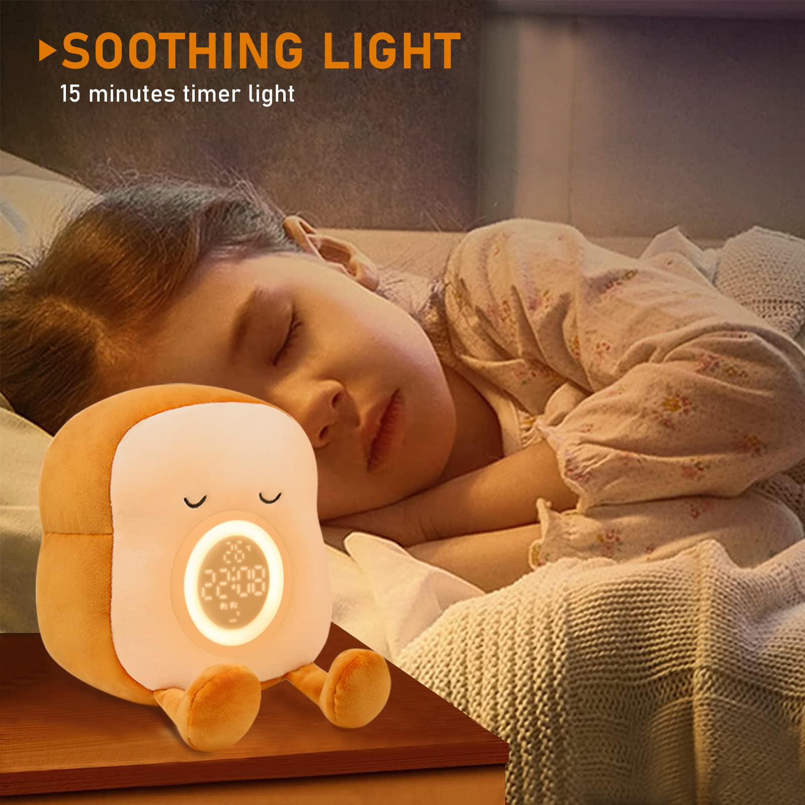 QANYI Cute Toast Bread Night Light Plushie - Soft Stuffed Animal Alarm Clock & Bedside Lamp for Kids Room Decor - Perfect Gift for Girls Ages 6-11 - Ideal for Bedtime, Nursery Lighting & Birthday Presents